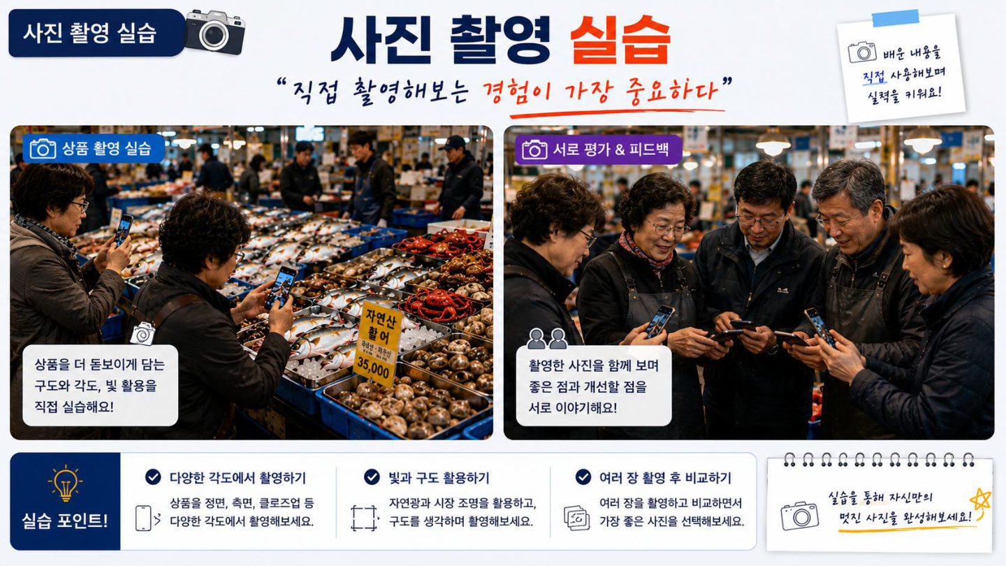 시장 상인 스마트폰 사진 촬영 실습 강의안 장면