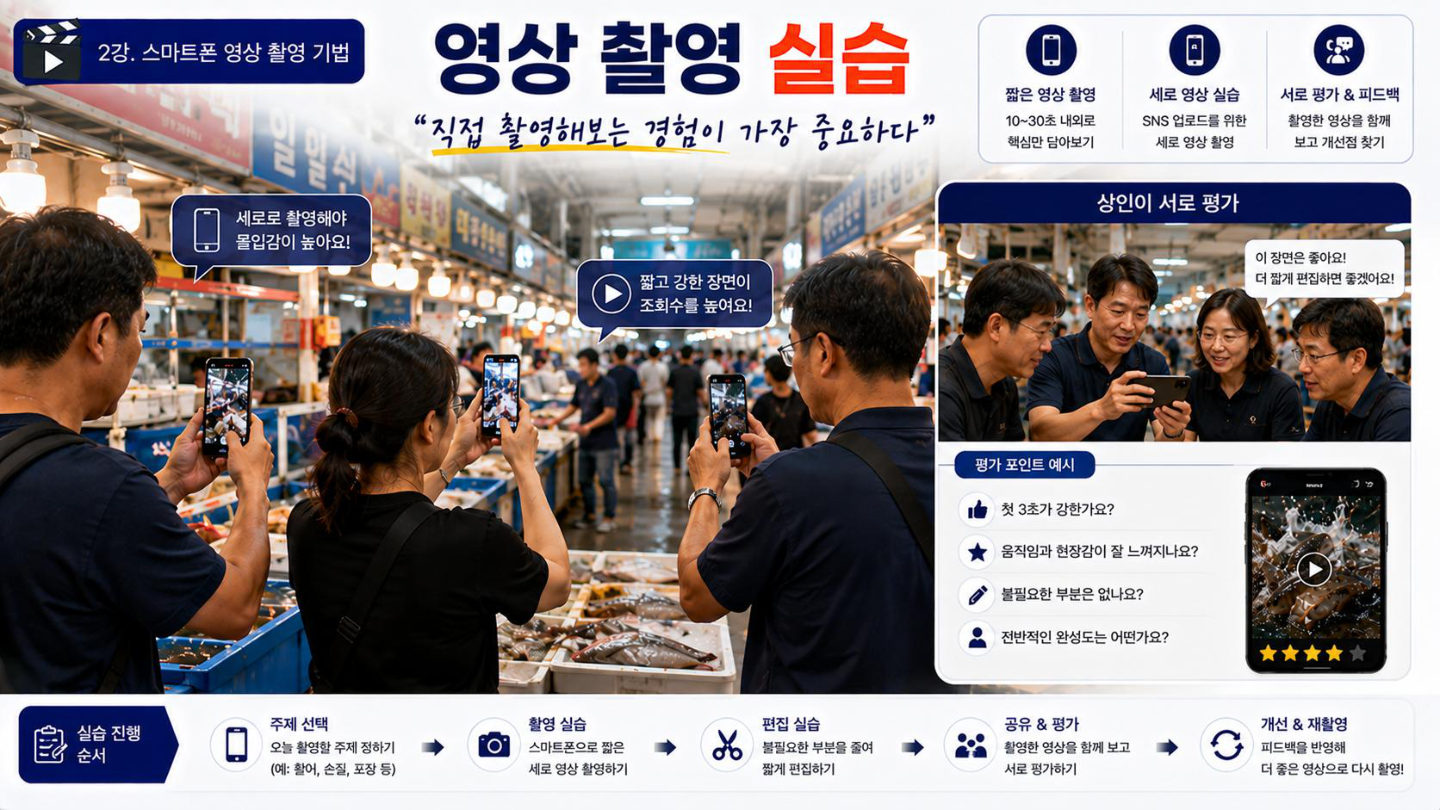 시장 상인 스마트폰 영상 촬영 실습 강의안 장면